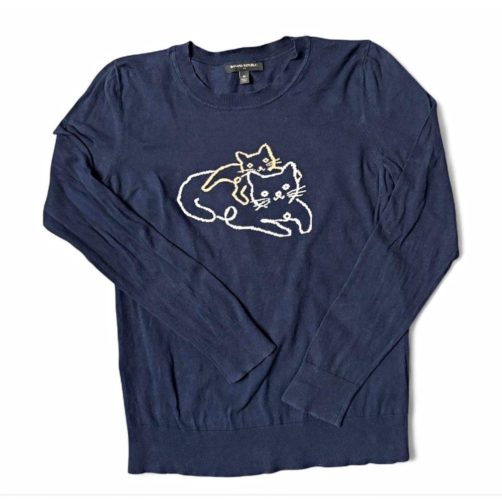 Banana Republic Twin Cats 100% Cotton Crewneck Sweater M Fall 2020 595110-00 Nav